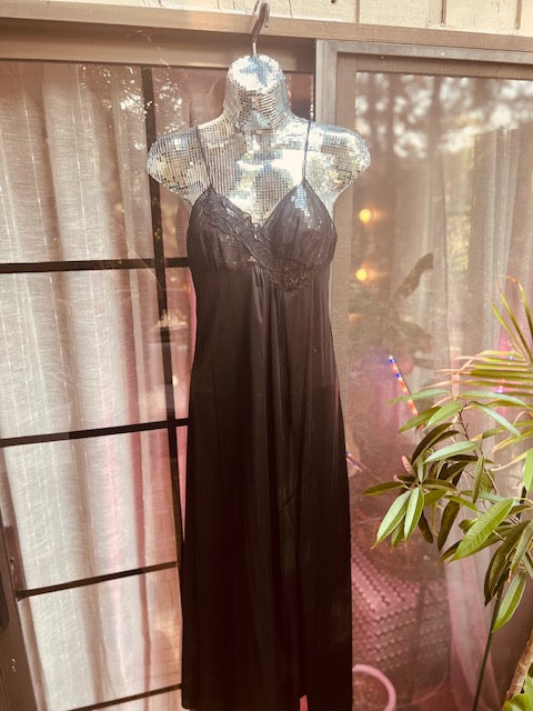 1980'-90s Black Sheer Slip Dress w/ lace detailing