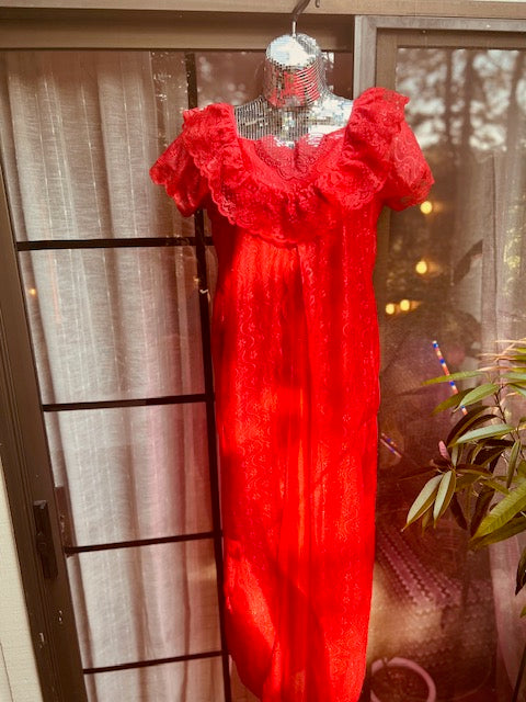 1980's Beautiful Red Ruffle Nightgown