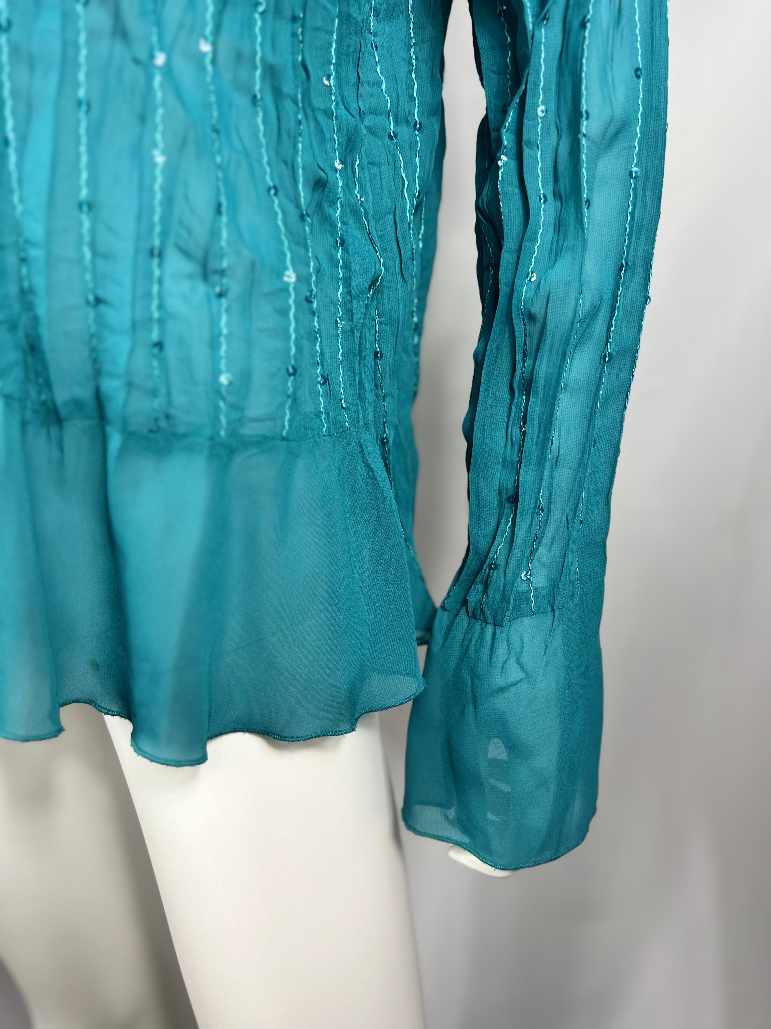 Y2K Teal Ruffle Sequin Blouse