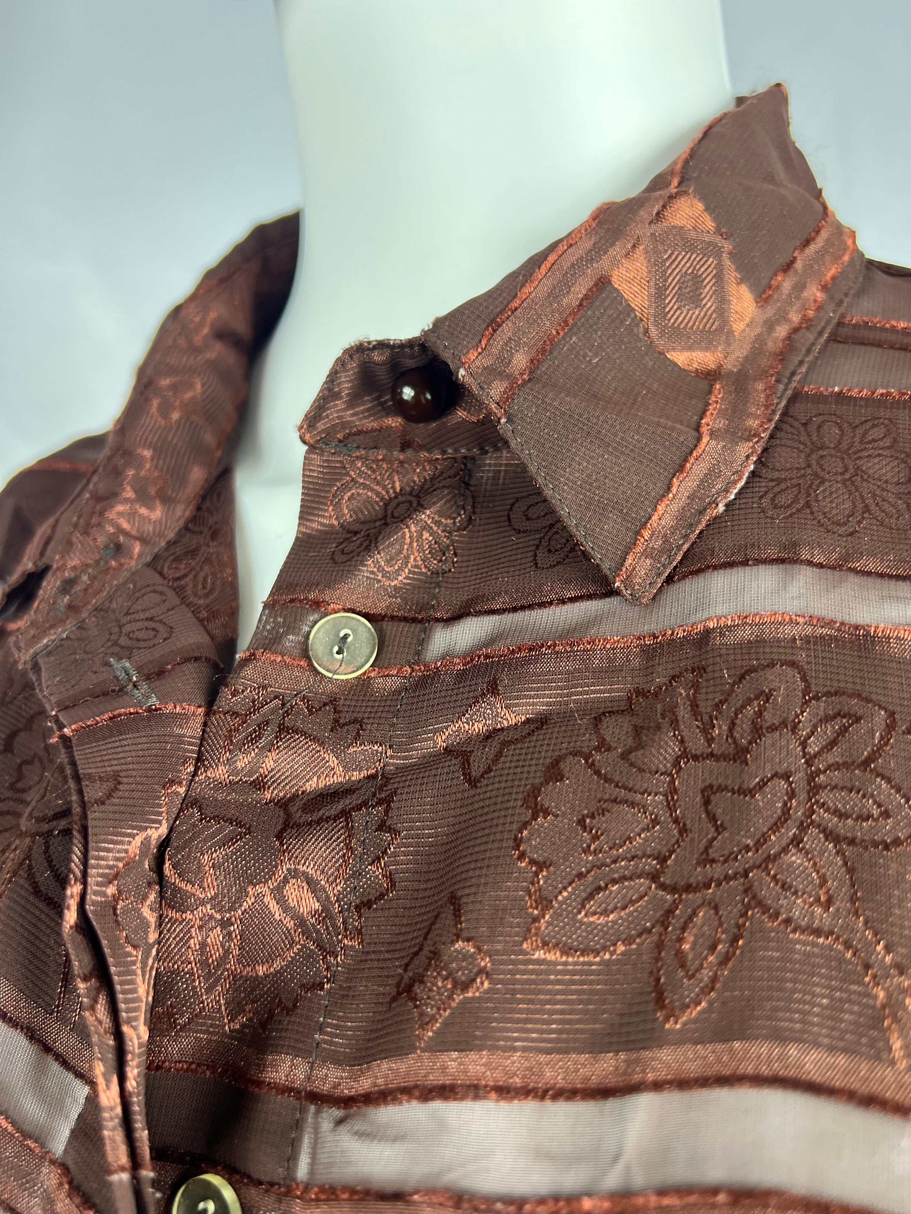 1970's Brown Sheer Striped/Floral Blouse