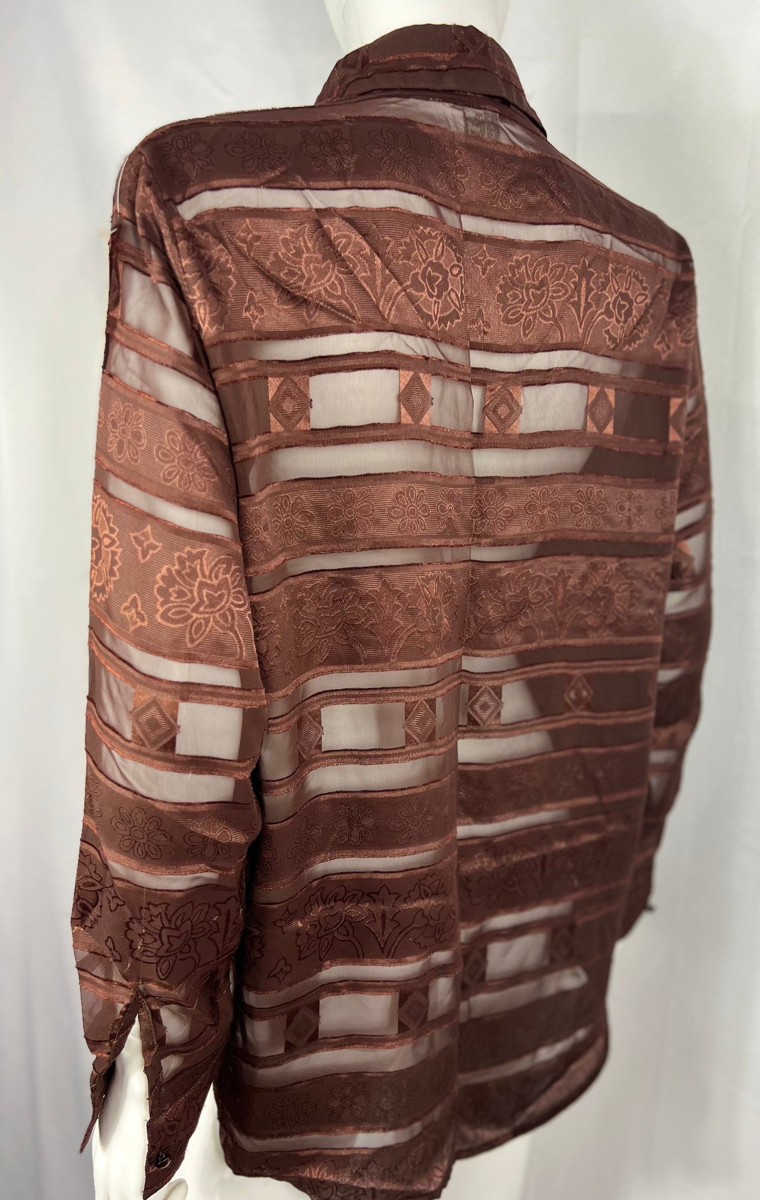 1970's Brown Sheer Striped/Floral Blouse