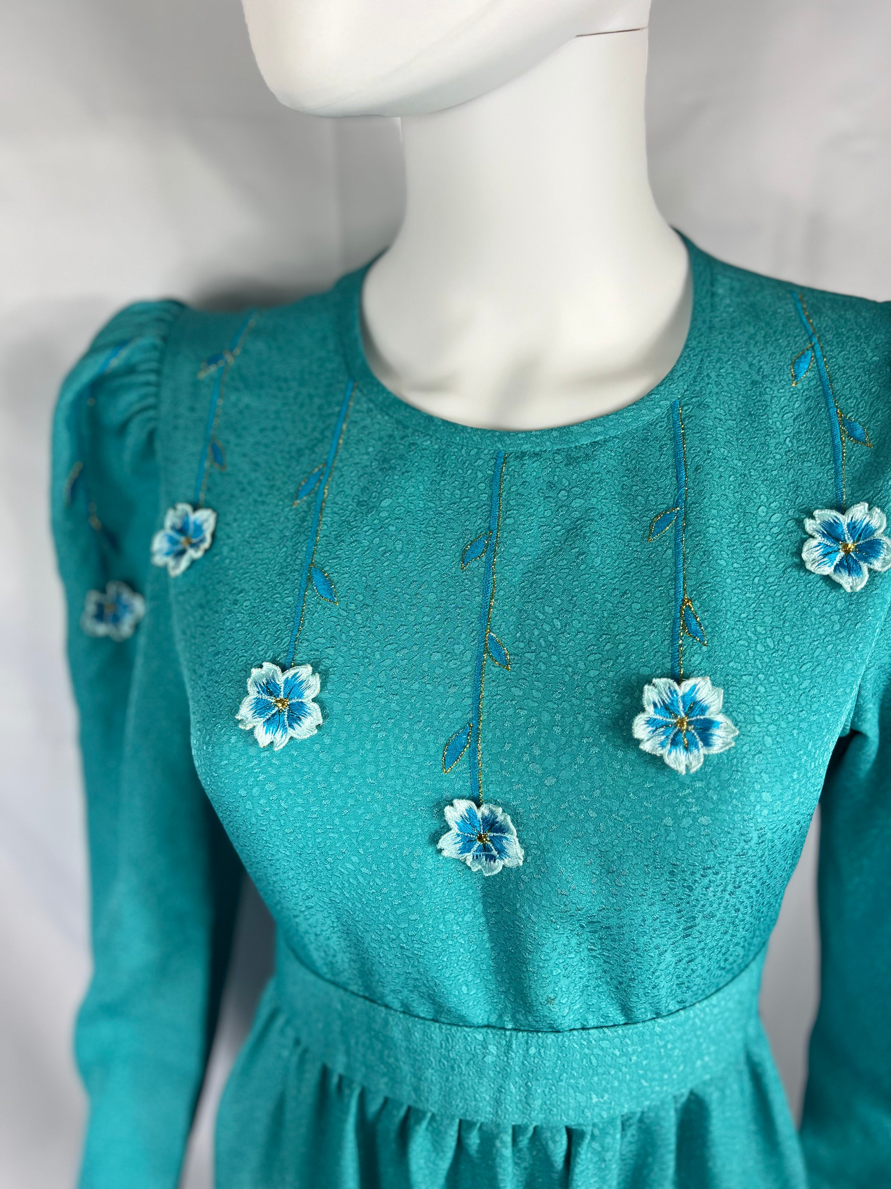 1970's Blue Ruffle Dress with Flower Appliques