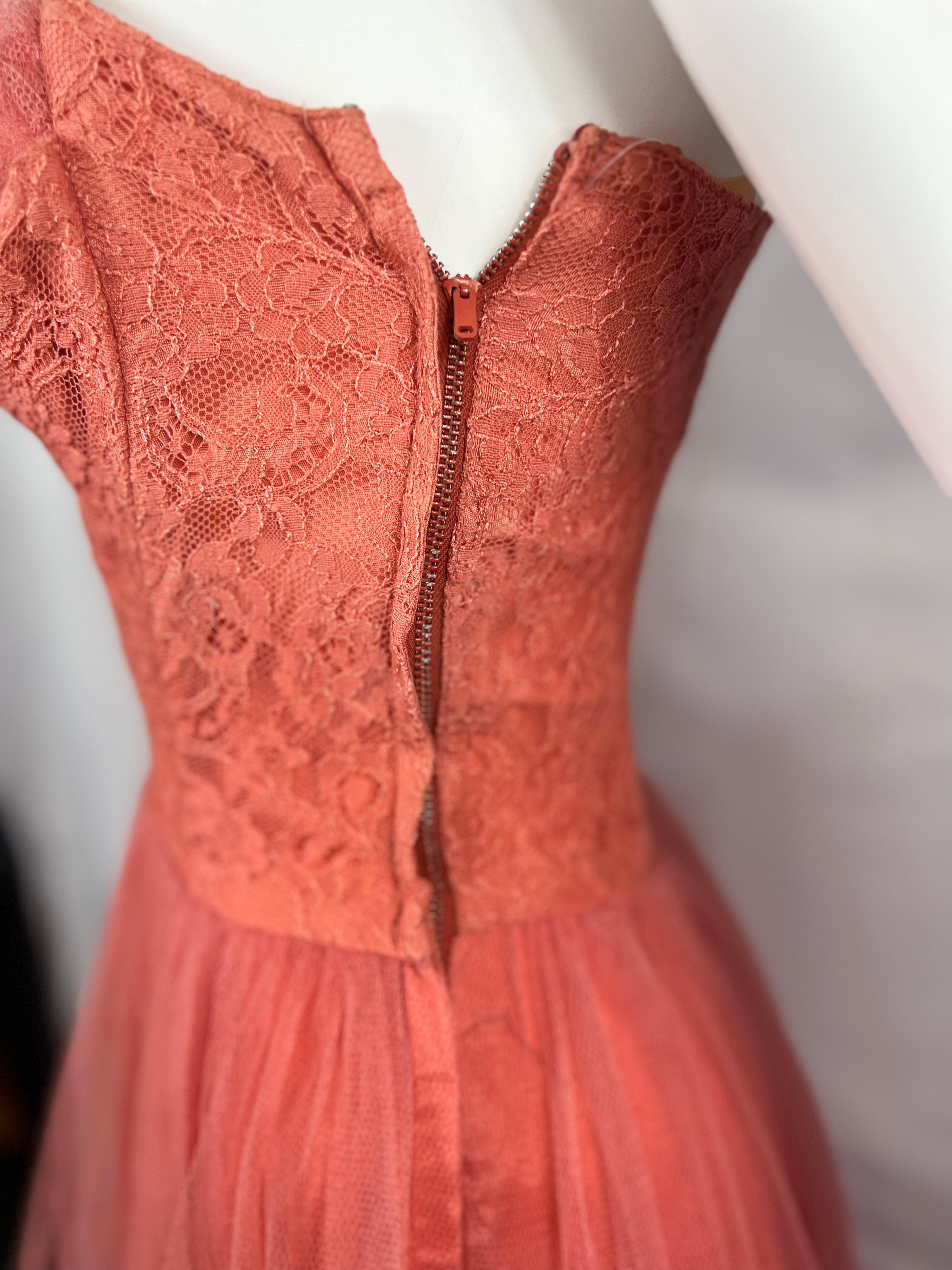 1950's Coral Pink Tulle & Lace Dress