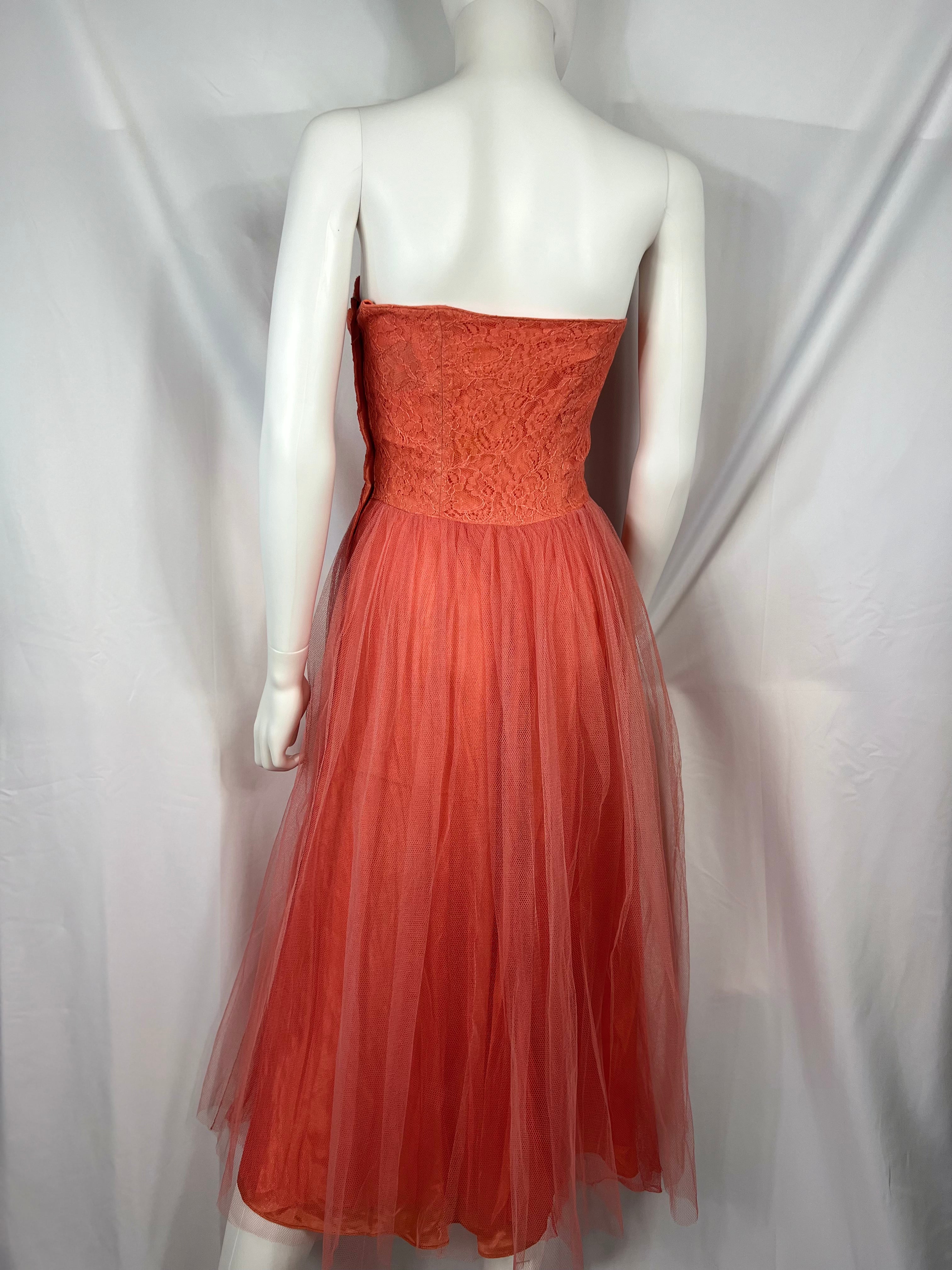 1950's Coral Pink Tulle & Lace Dress