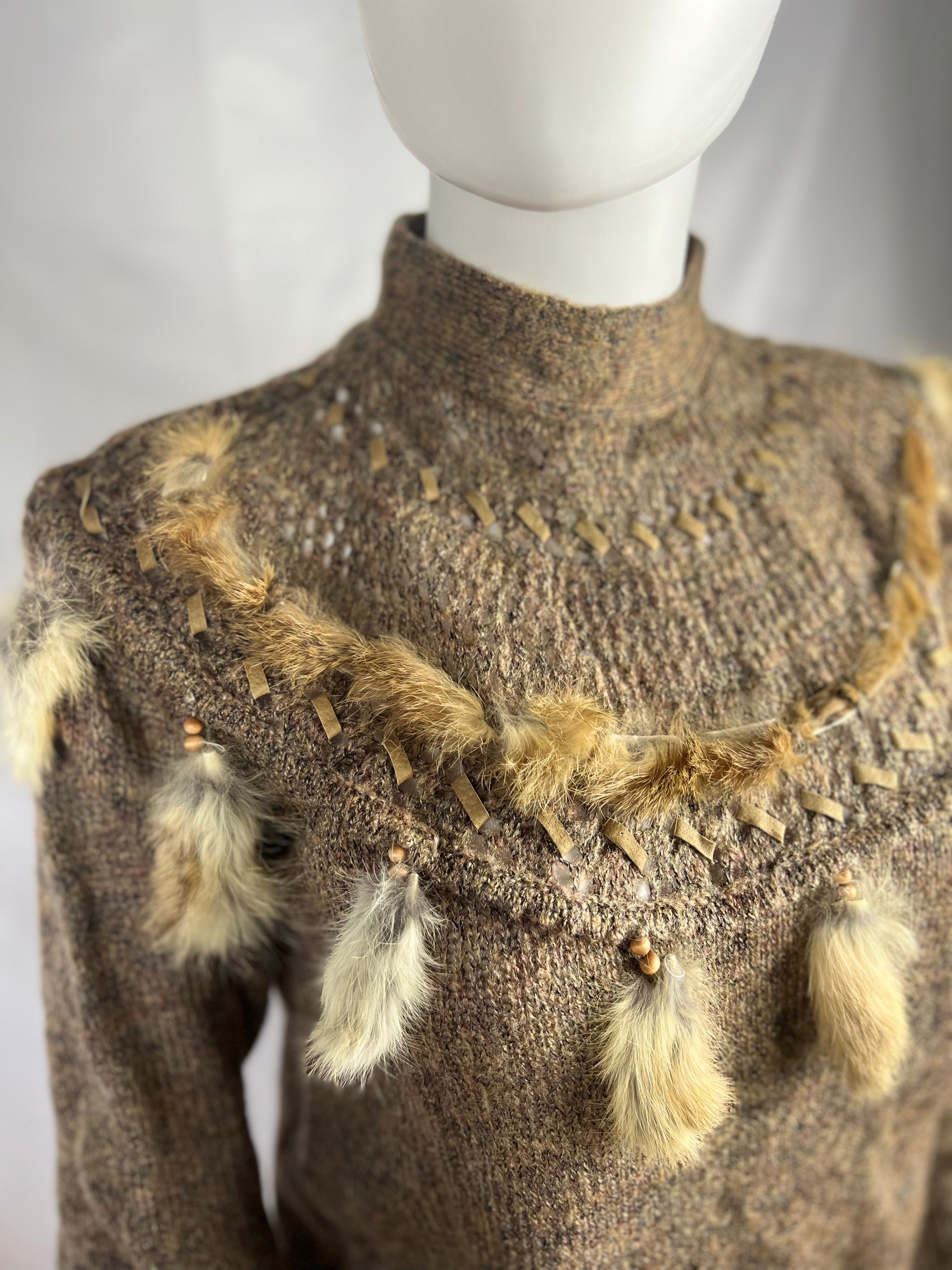 1980's Brown Sweater w/ Tribal Motif & Fur