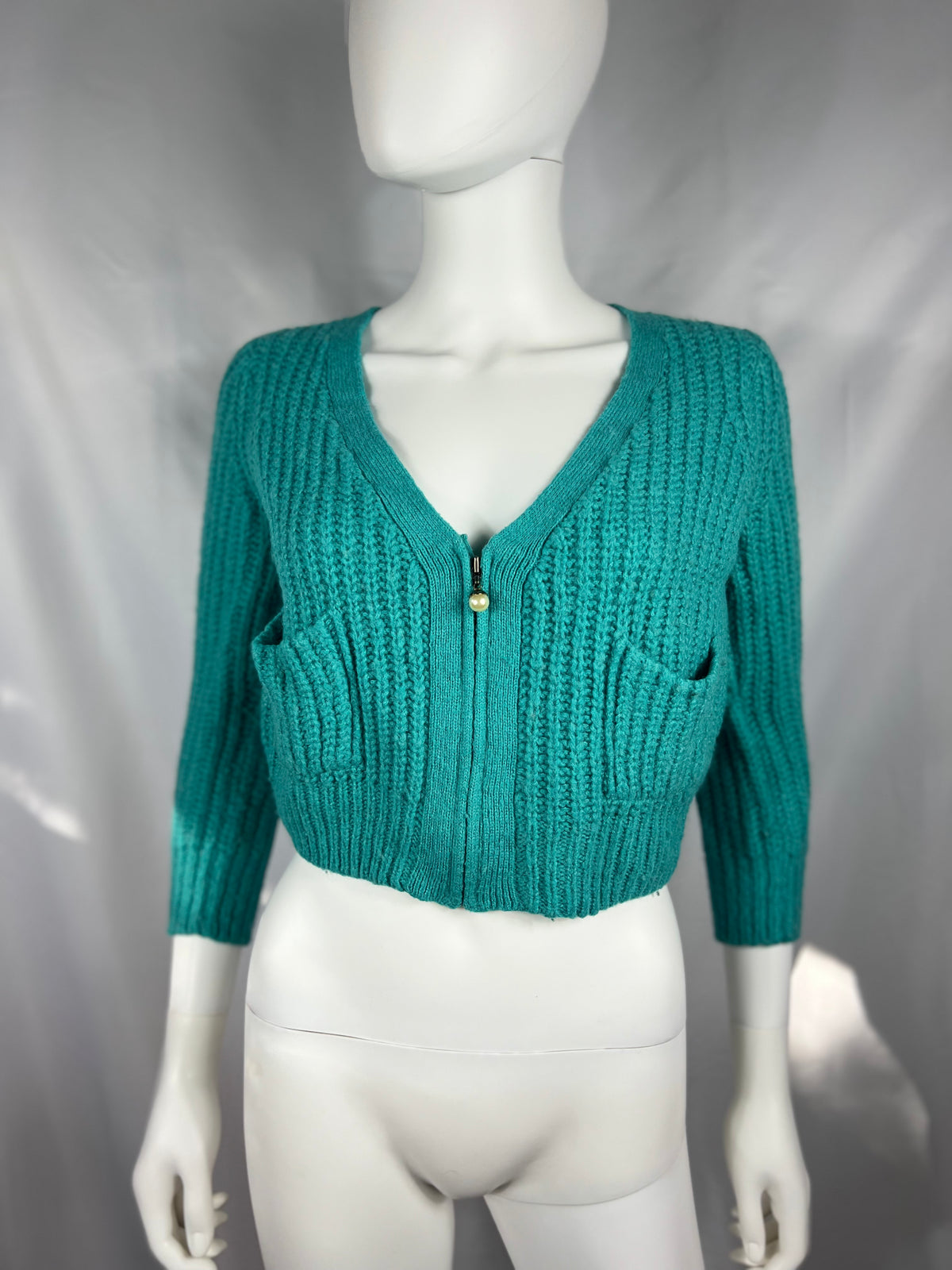 Cropped Turquoise Knit Cardigan