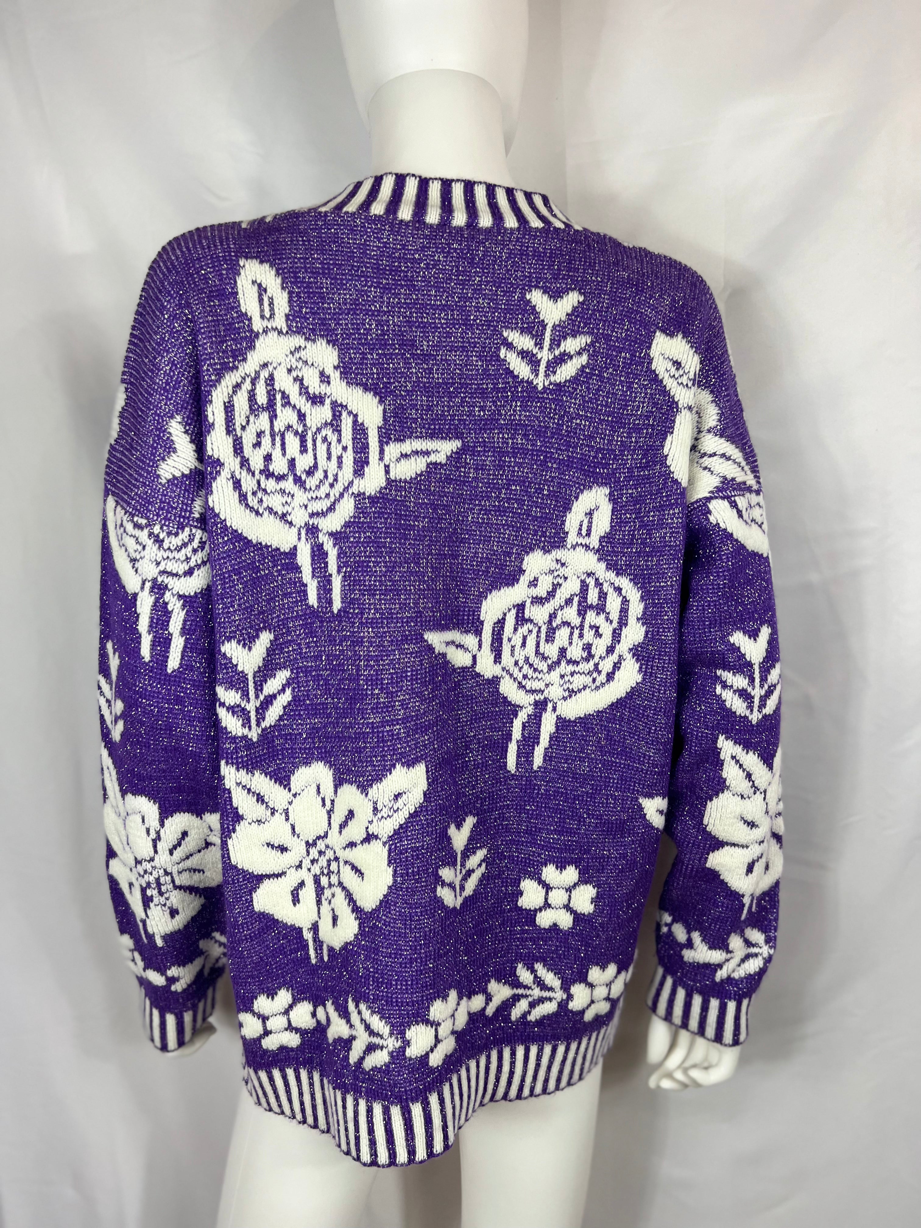 1990's Purple/White/Silver Rose Sweater