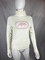 Y2K White Turtleneck Sweater w/ Fuzzy Pink Rhino
