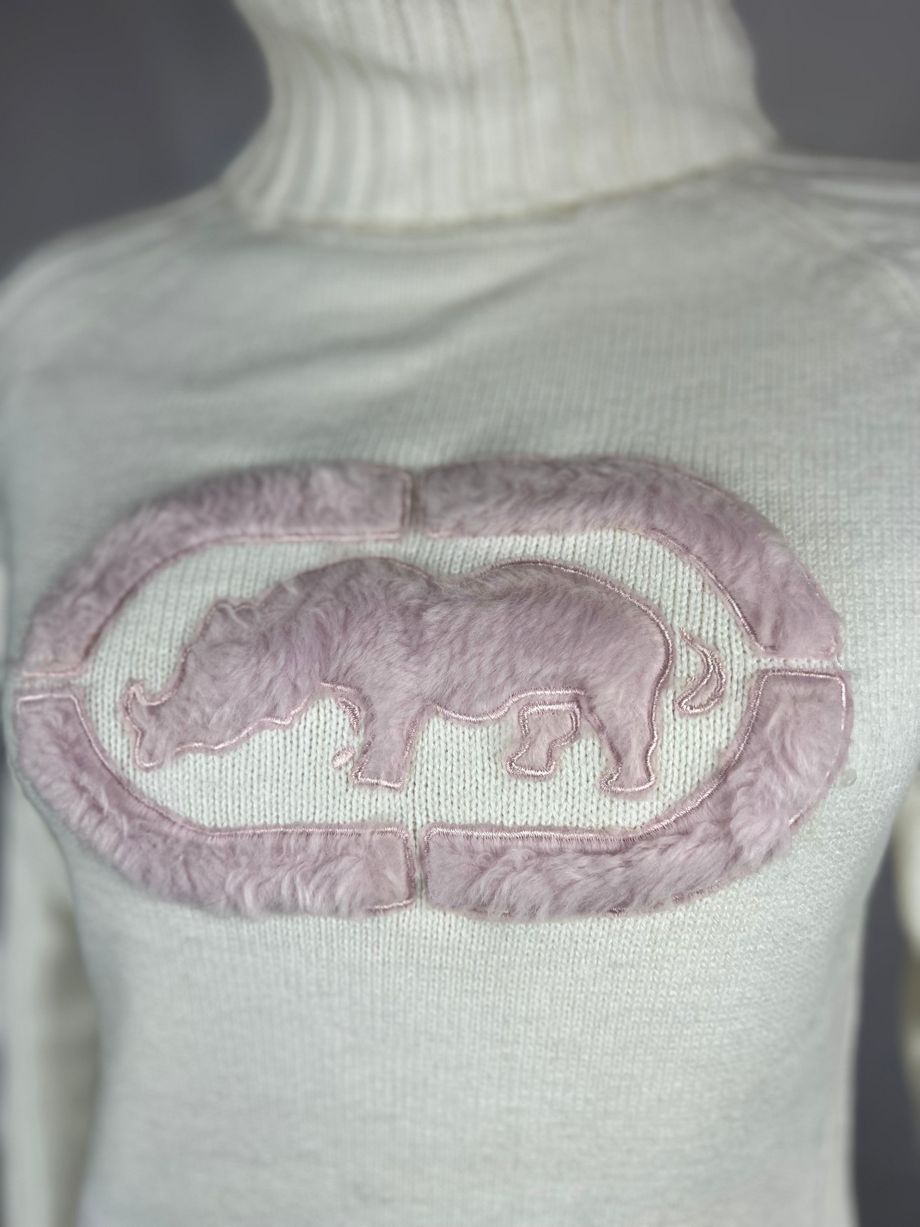 Y2K White Turtleneck Sweater w/ Fuzzy Pink Rhino