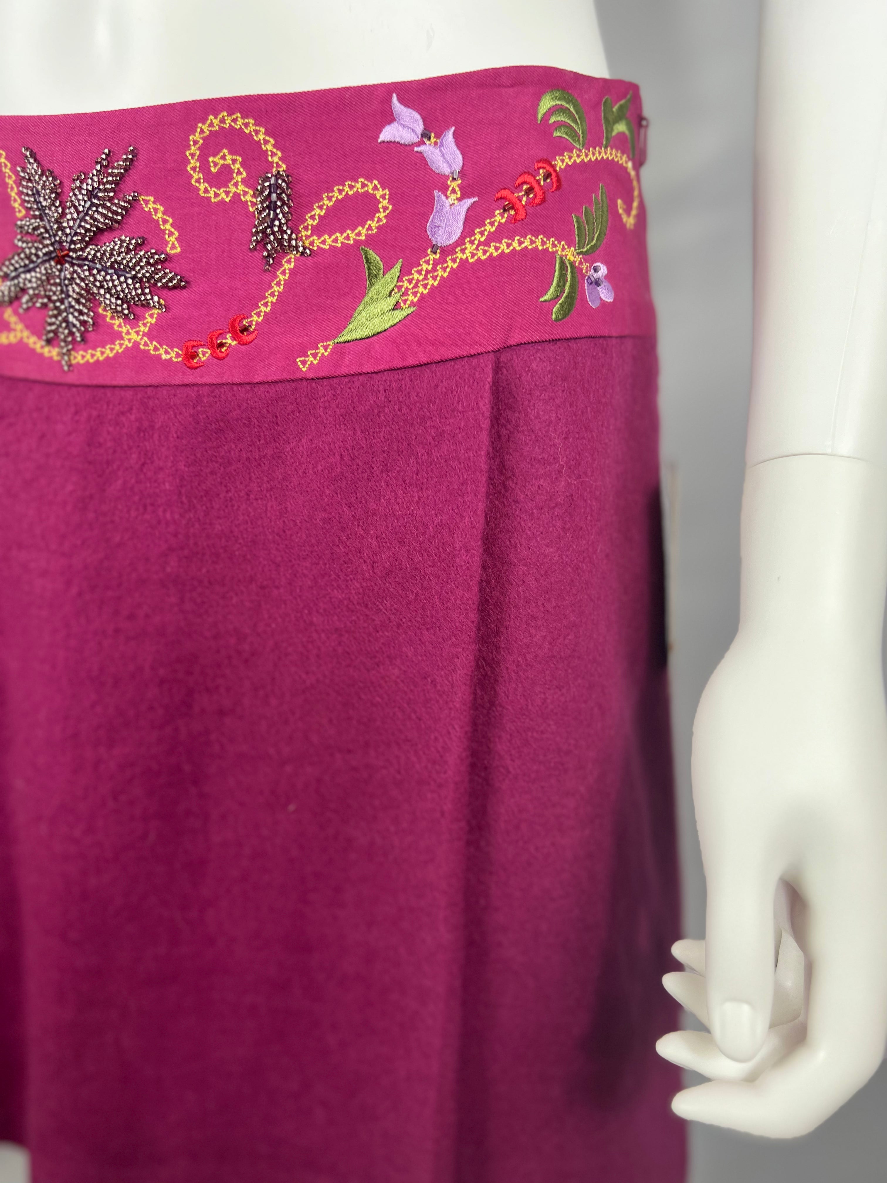 Fushia Wool Embroidered Skirt